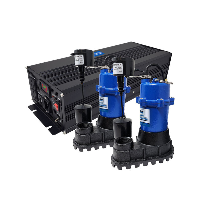 2000W Inverter Backup Power Package w/ Two 1/2HP Sump Pump Vertical Float 10FT Piggyback Cord